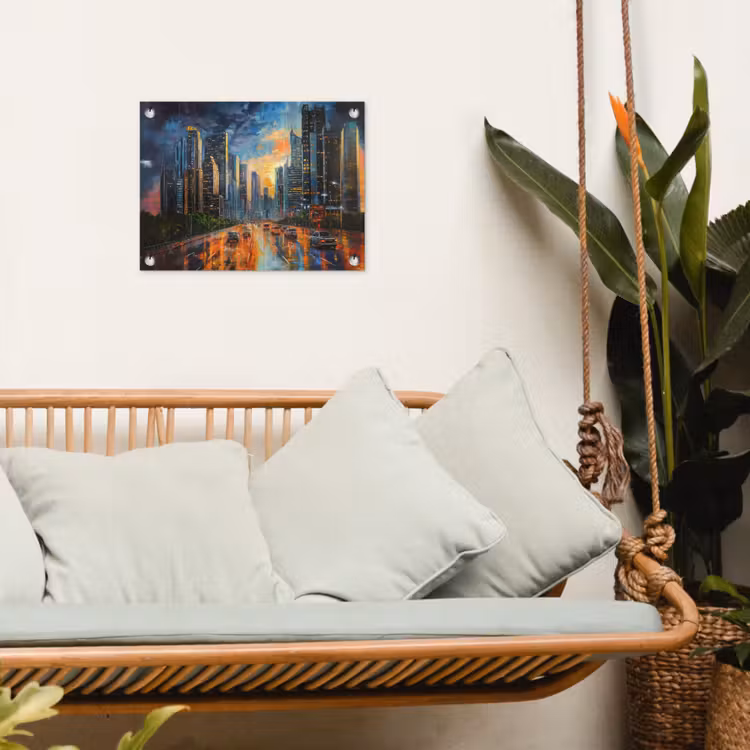 Auto - Skyline - Zon - Blauw tuinposter los doek klein -sfeer7