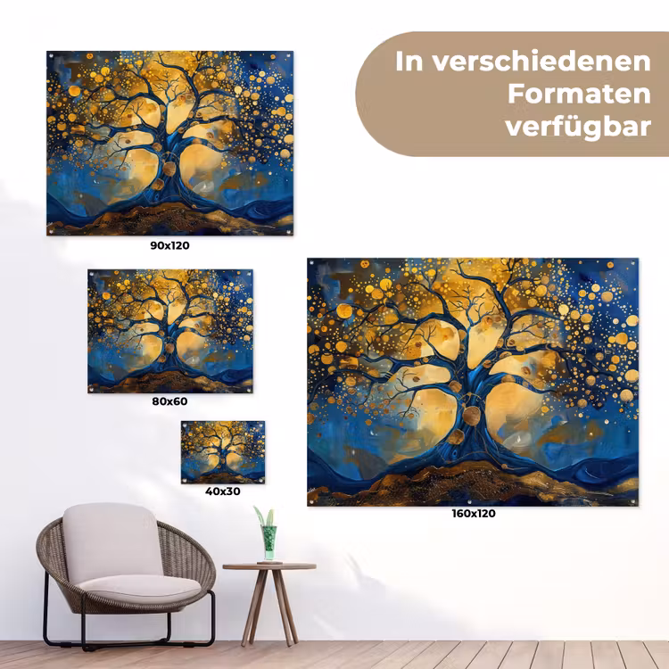 Boom - Levensboom - Blauw - Goud tuinposter los doek klein -Xsfeer9_DE