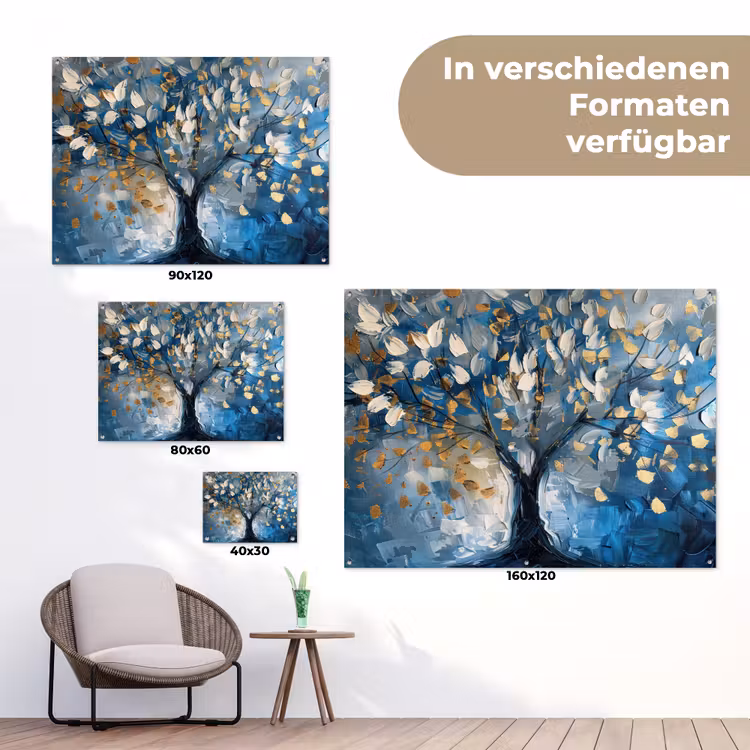 Boom - Blauw - Goud - Abstract tuinposter los doek klein -Xsfeer9_DE