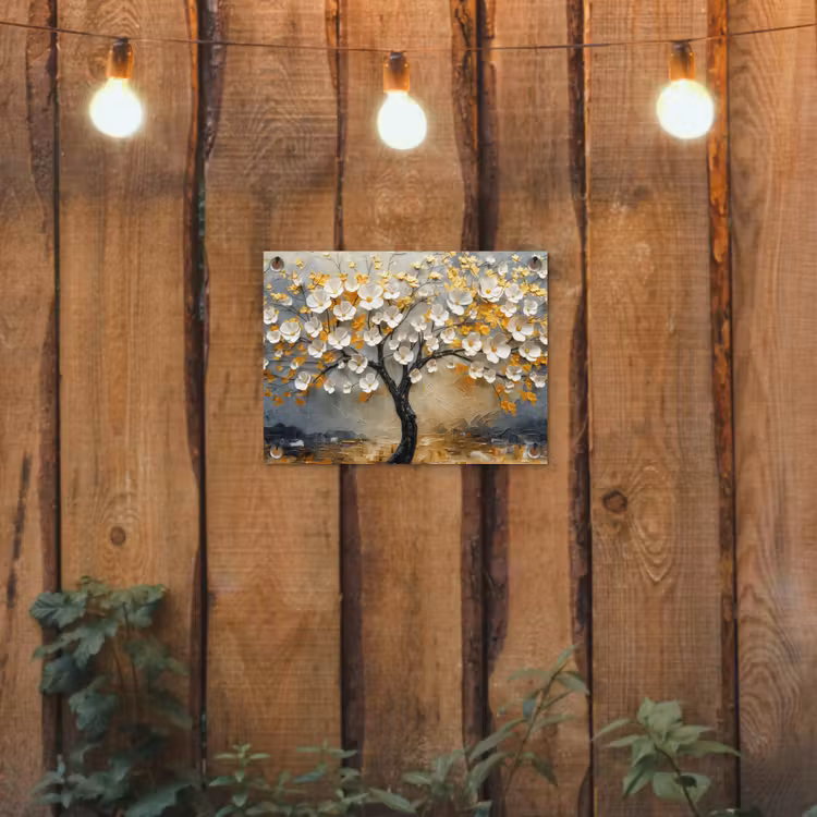 Boom - Bloemen - Goud - Beige tuinposter los doek klein -sfeer1