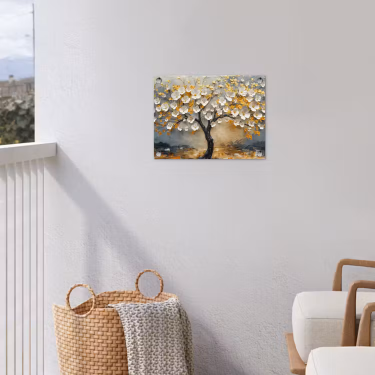 Boom - Bloemen - Goud - Beige tuinposter los doek klein -sfeer8