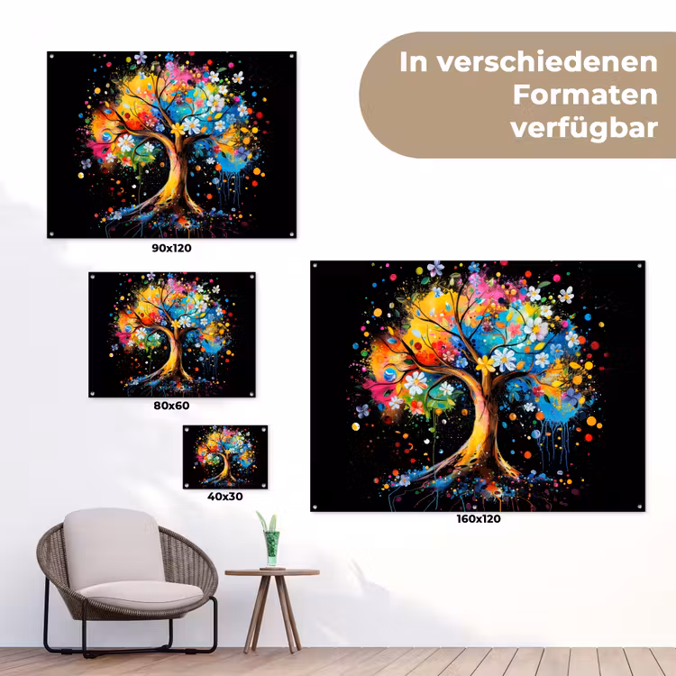 Boom - Kleurrijk - Bloemen - Zwart tuinposter los doek klein -Xsfeer9_DE
