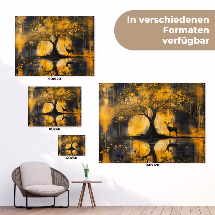 Boom - Verflook - Hert - Natuur - Goud tuinposter los doek klein -Xsfeer9_DE