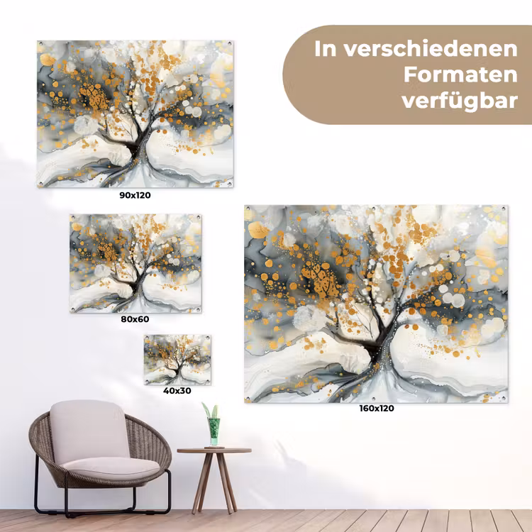 Boom - Modern - Abstract - Goud - Zwart - Wit tuinposter los doek klein -Xsfeer9_DE