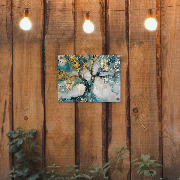 Boom - Modern - Verflook - Turquoise - Goud tuinposter los doek klein -sfeer1