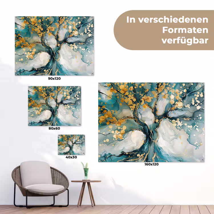 Boom - Modern - Verflook - Turquoise - Goud tuinposter los doek klein -Xsfeer9_DE