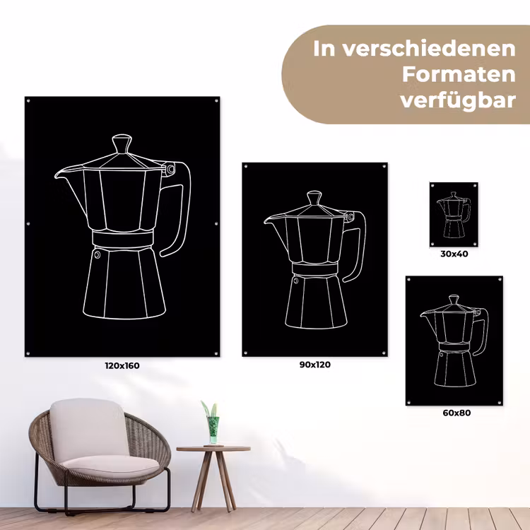 Mokkapot - Zwart - Wit - Lijntekening tuinposter los doek klein -Xsfeer9_DE