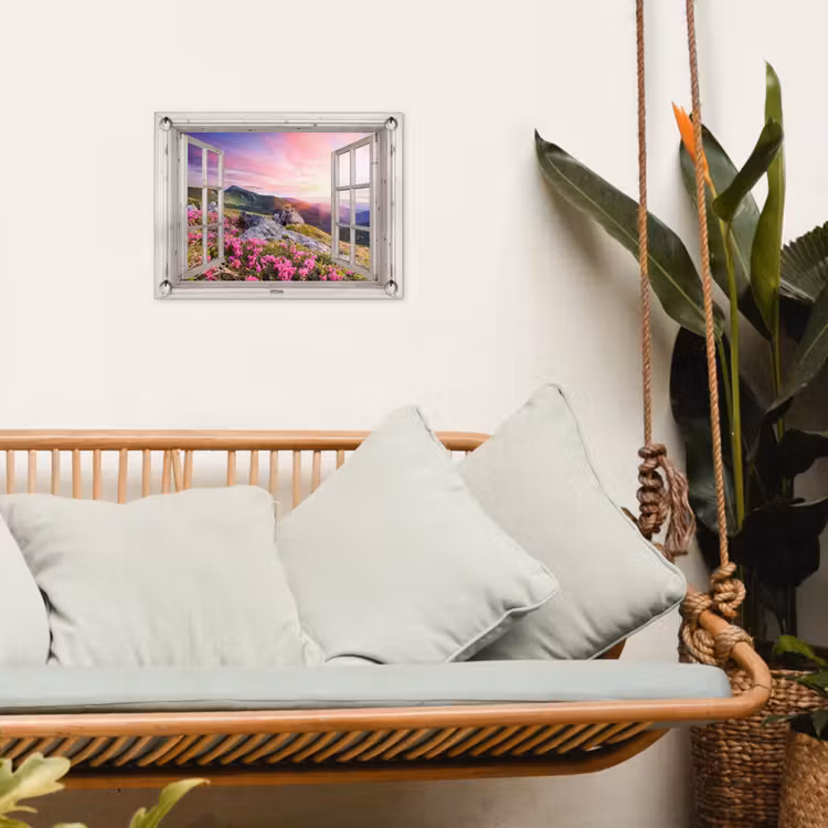 Bergen - Landschap - Doorkijk - Bloemen - Avond - Roze tuinposter los doek klein -sfeer7