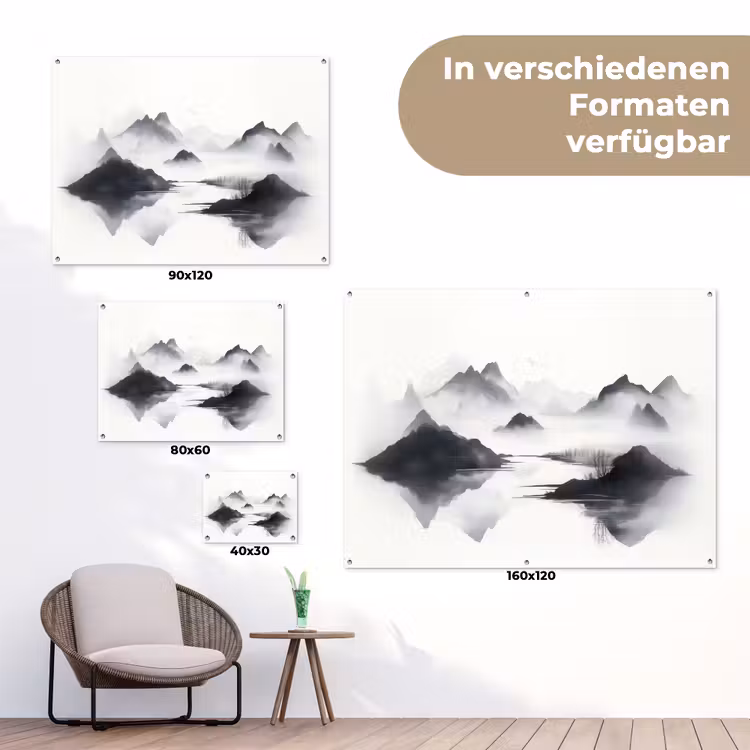 Bergen - Mistig - Water - Wit tuinposter los doek klein -Xsfeer9_DE