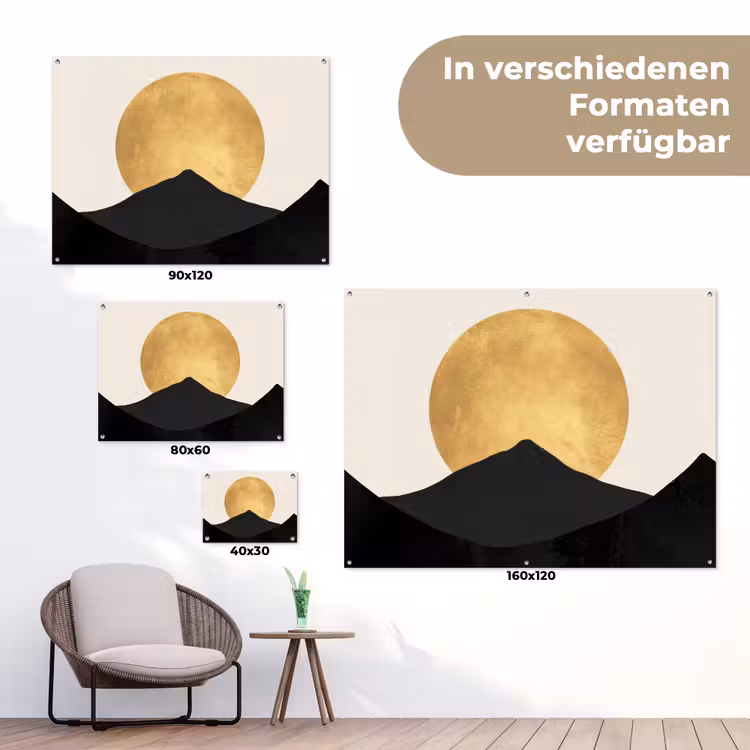 Bergsilhouetten - Gouden cirkel - Beige tuinposter los doek klein -Xsfeer9_DE