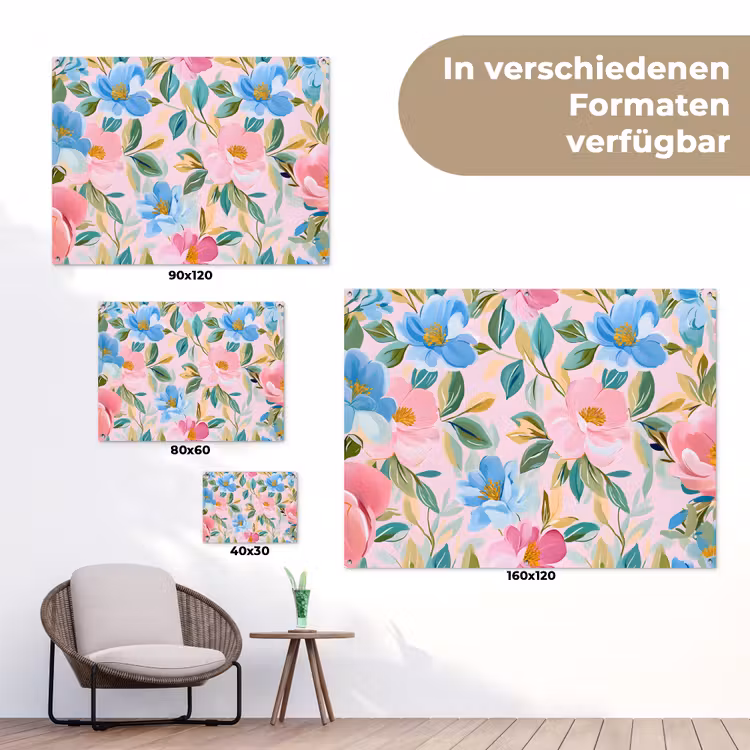 Blauw - Roze - Bloemen tuinposter los doek klein -Xsfeer9_DE