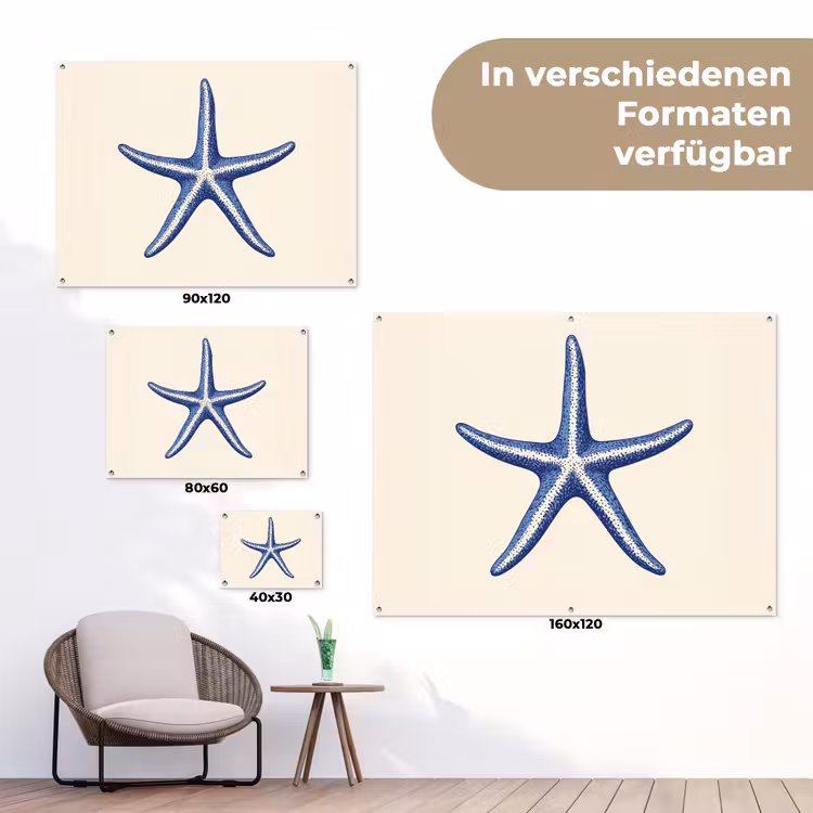 Blauwe zeester - Minimalistisch - Beige tuinposter los doek klein -Xsfeer9_DE