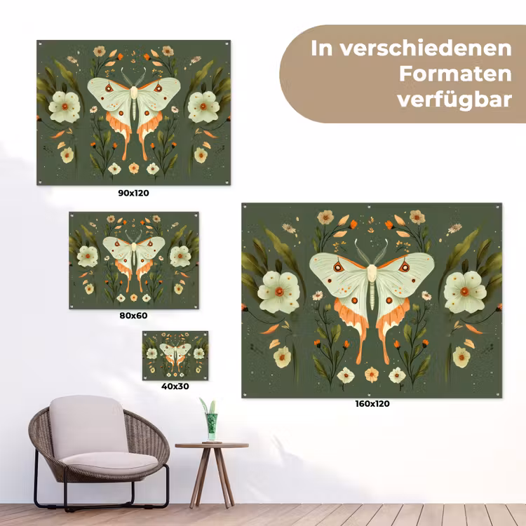 Bloemen - Bladeren - Olijfgroen - Vlinder tuinposter los doek klein -Xsfeer9_DE