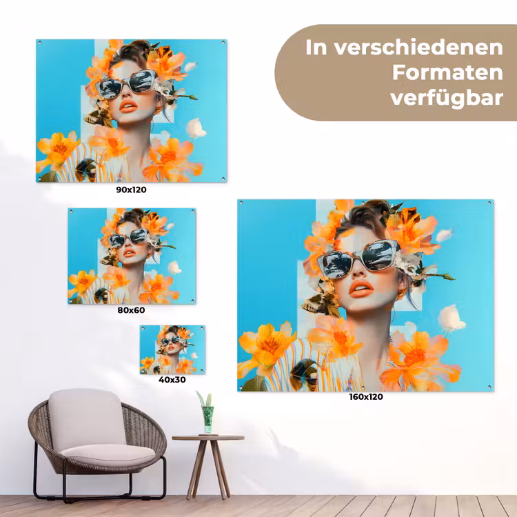 Bloemen - Vrouw - Zonnebril - Blauw tuinposter los doek klein -Xsfeer9_DE