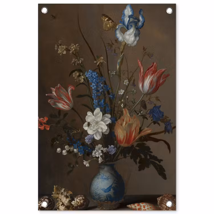 Bloemen in een Wan-Li vaas en schelpen - Schilderij van Balthasar van der Ast tuinposter los doek klein -3d
