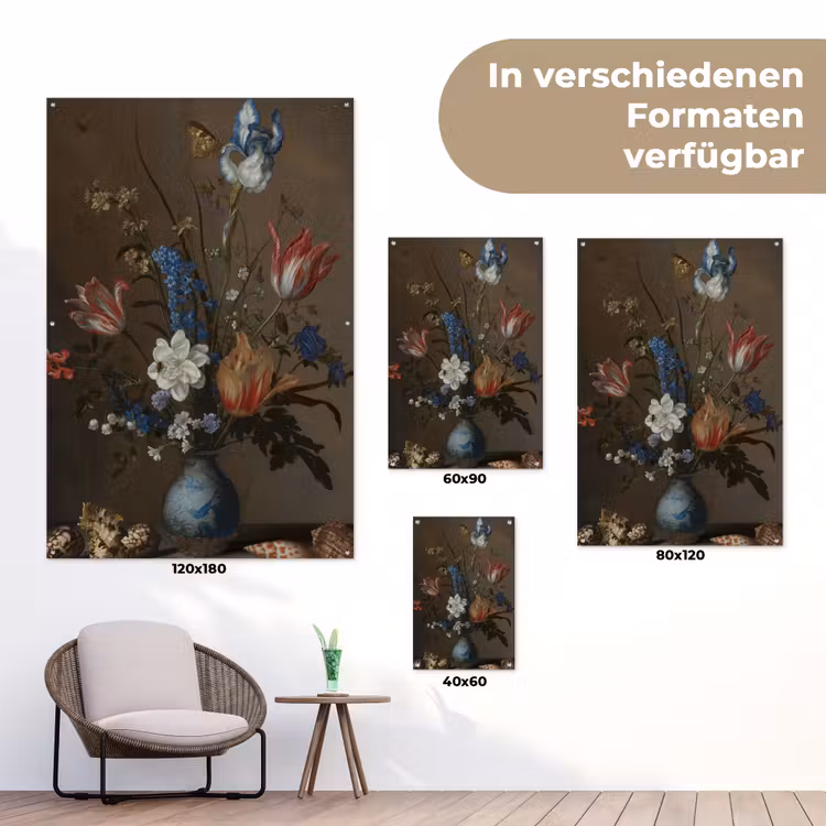 Bloemen in een Wan-Li vaas en schelpen - Schilderij van Balthasar van der Ast tuinposter los doek klein -Xsfeer9_DE