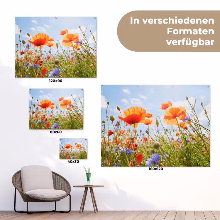 Bloemen - Klaproos - Lente - Natuur - Rood - Blauw tuinposter los doek klein -Xsfeer9_DE