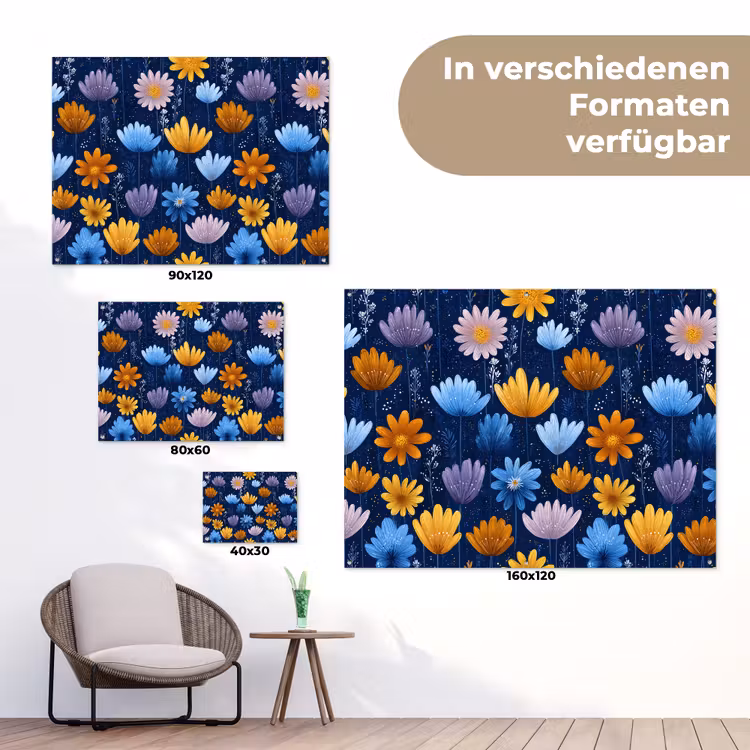 Bloemen - Patroon - Blauw - Contrast tuinposter los doek klein -Xsfeer9_DE