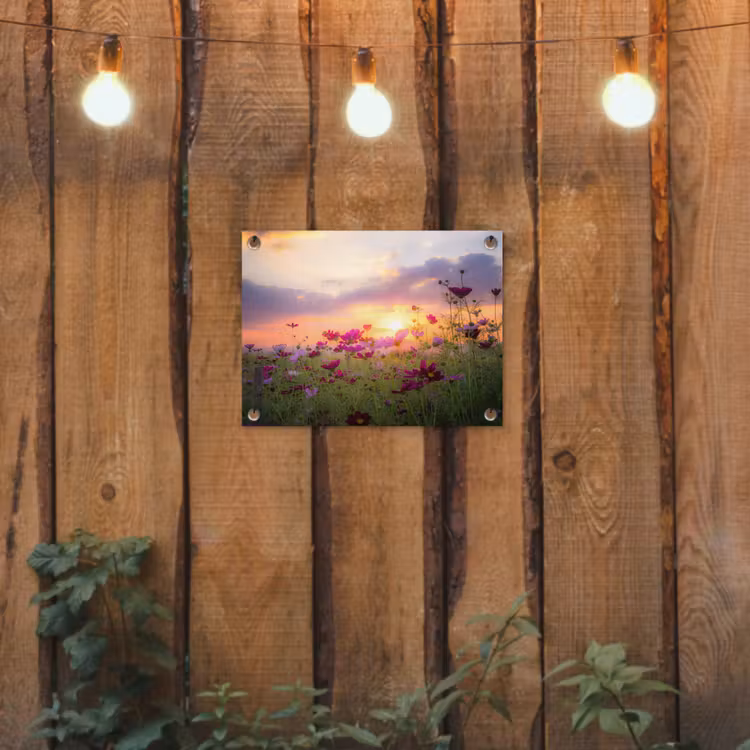 Bloemen - Roze - Zonsondergang - Natuur - Weide - Horizon tuinposter los doek klein -sfeer1