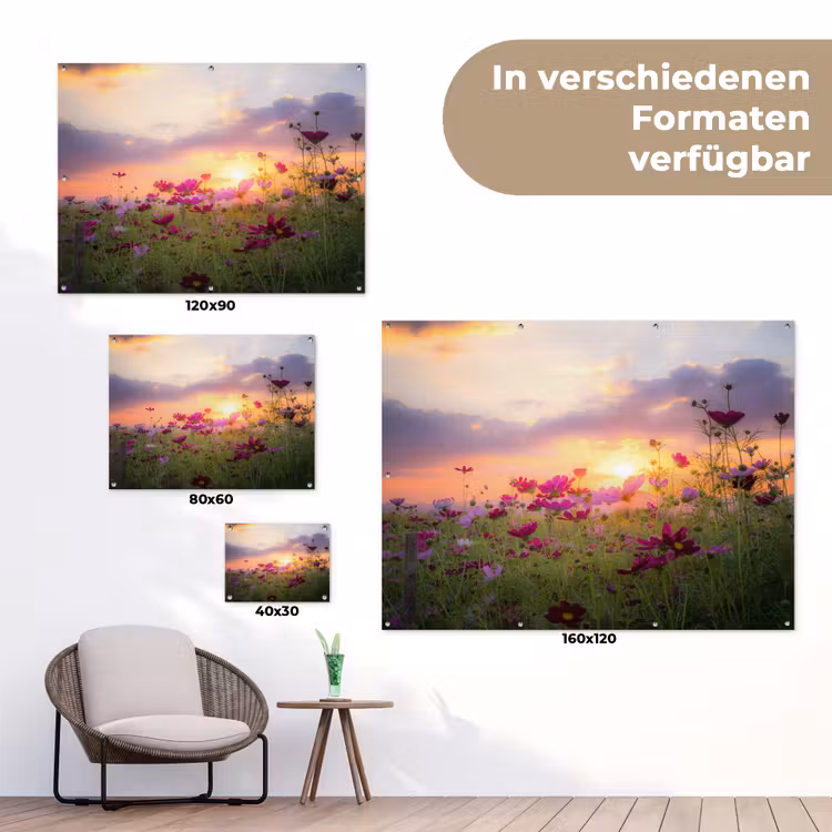 Bloemen - Roze - Zonsondergang - Natuur - Weide - Horizon tuinposter los doek klein -Xsfeer9_DE