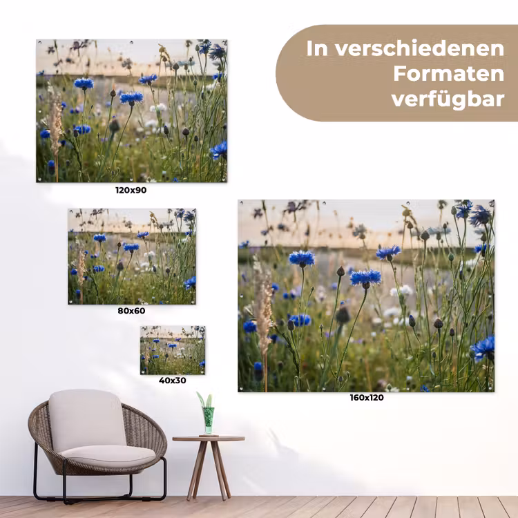 Bloemen - Zomer - Korenbloem - Blauw - Zon - Wolken tuinposter los doek klein -Xsfeer9_DE
