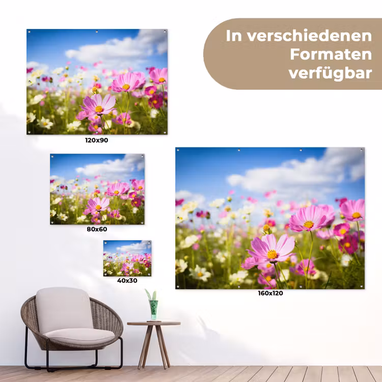 Bloemen - Wei - Paars - Gras - Wit - Wolken - Blauw tuinposter los doek klein -Xsfeer9_DE