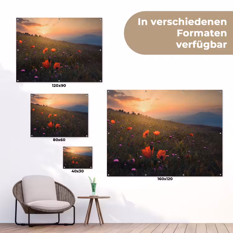 Bloemenveld - Gras - Bloemen - Planten - Zonsondergang - Oranje tuinposter los doek klein -Xsfeer9_DE