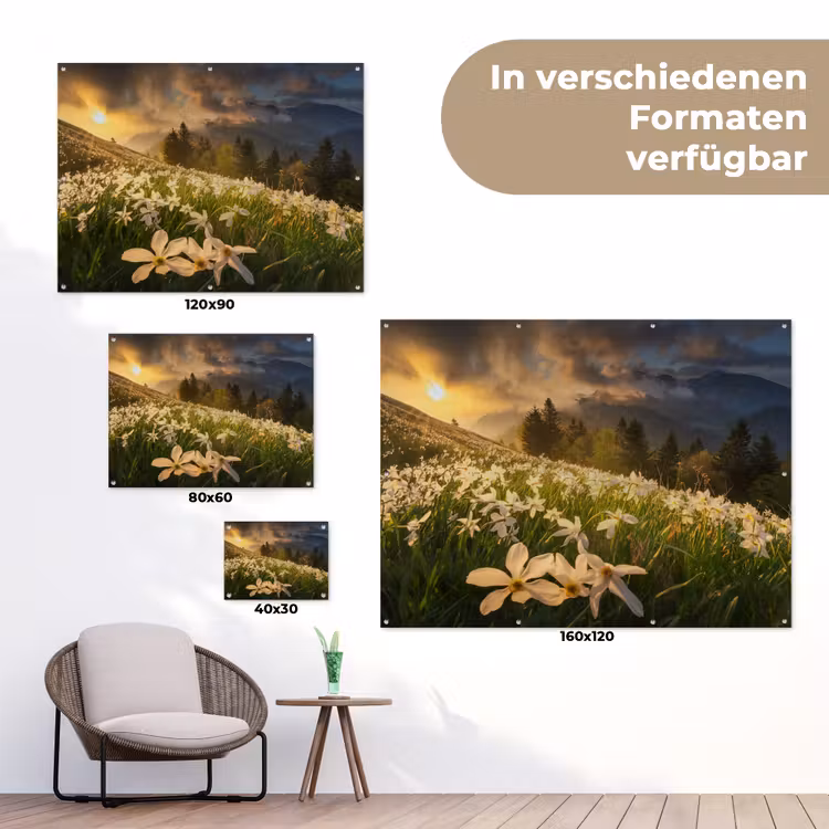 Bloemenveld - Heuvels - Zonsondergang - Berg - Natuur - Wit - Heuvels tuinposter los doek klein -Xsfeer9_DE