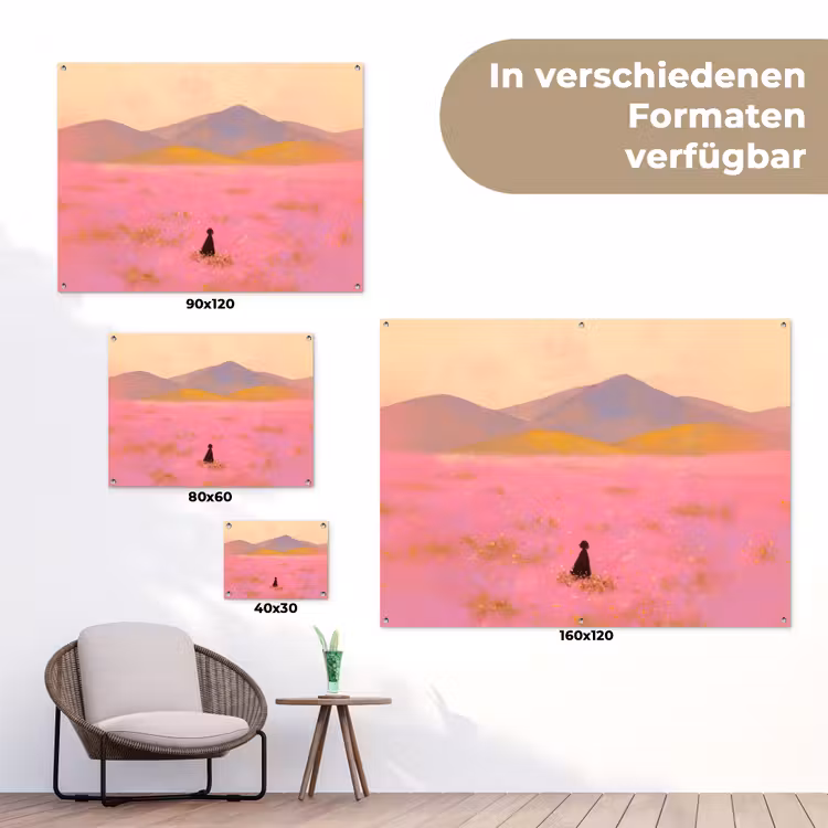 Bloemenweide - Heuvels - Silhouet - Roze tuinposter los doek klein -Xsfeer9_DE