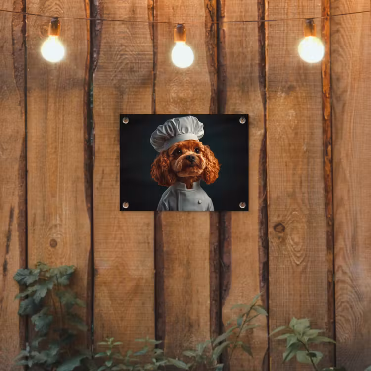 Bruin - Kok - Hondje tuinposter los doek klein -sfeer1