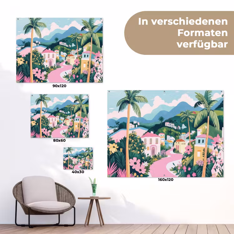 Kleurrijk - Huizen - Heuvels - Roze tuinposter los doek klein -Xsfeer9_DE