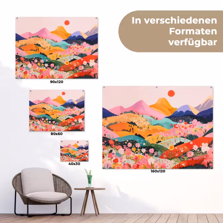 Kleurrijke bloemen - Bergen - Fantasielandschap tuinposter los doek klein -Xsfeer9_DE