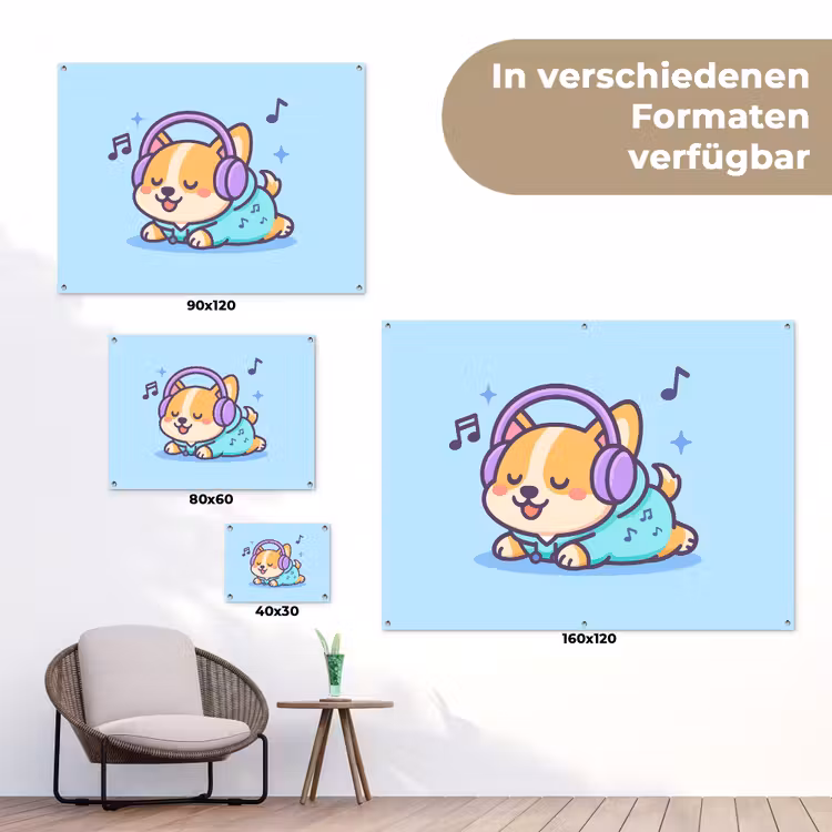 Corgi - Koptelefoon - Blauw - Muzieknoten tuinposter los doek klein -Xsfeer9_DE