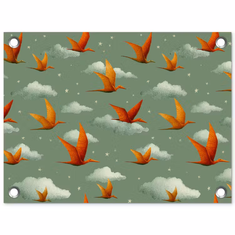 Dinosaurussen - Wolken - Sterren - Oranje tuinposter los doek klein -3d