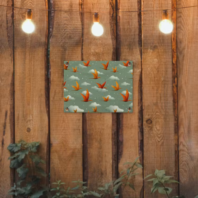 Dinosaurussen - Wolken - Sterren - Oranje tuinposter los doek klein -sfeer1