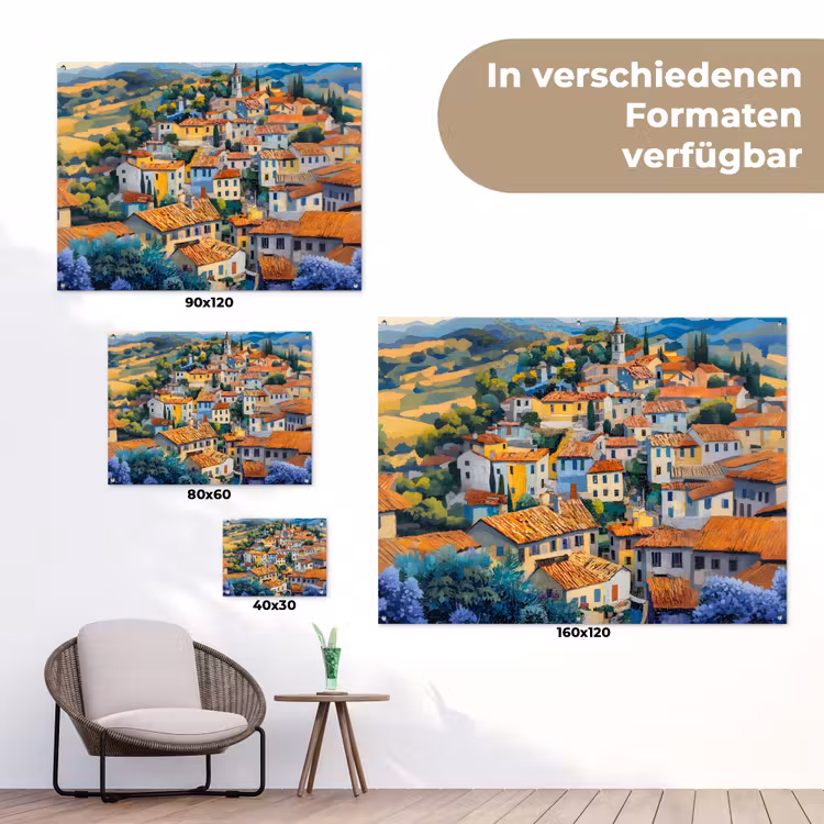 Dorp - Heuvels - Landschap - Bomen tuinposter los doek klein -Xsfeer9_DE