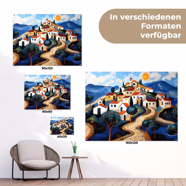 Dorp - Heuvelachtig - Zon - Mozaïek tuinposter los doek klein -Xsfeer9_DE