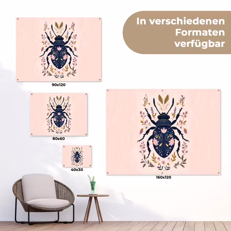 Donkerblauw - Kever - Bloemtakken - Sierlijk tuinposter los doek klein -Xsfeer9_DE