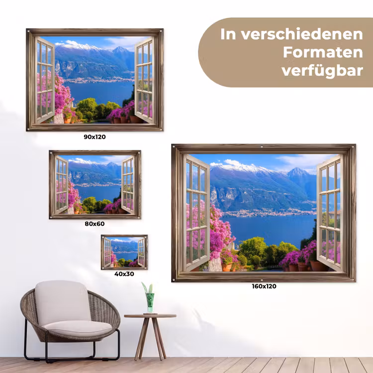 Doorkijk - Berg - Landschap - Uitzicht - Meer tuinposter los doek klein -Xsfeer9_DE