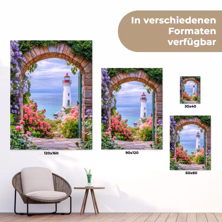 Doorkijk - Vuurtoren - Bloemen - Uitzicht tuinposter los doek klein -Xsfeer9_DE