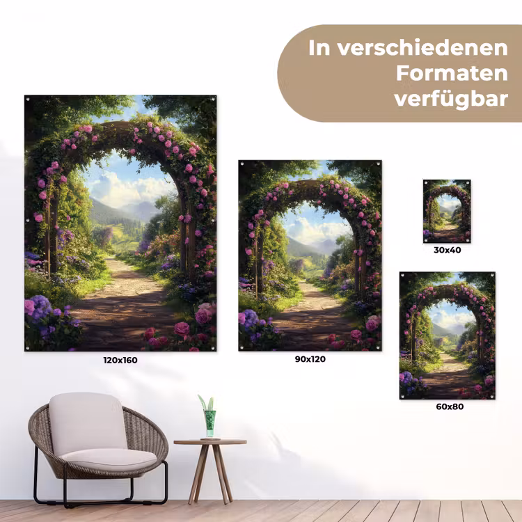Doorkijk - Rozenboog - Uitzicht - Landschap - Bloemen tuinposter los doek klein -Xsfeer9_DE