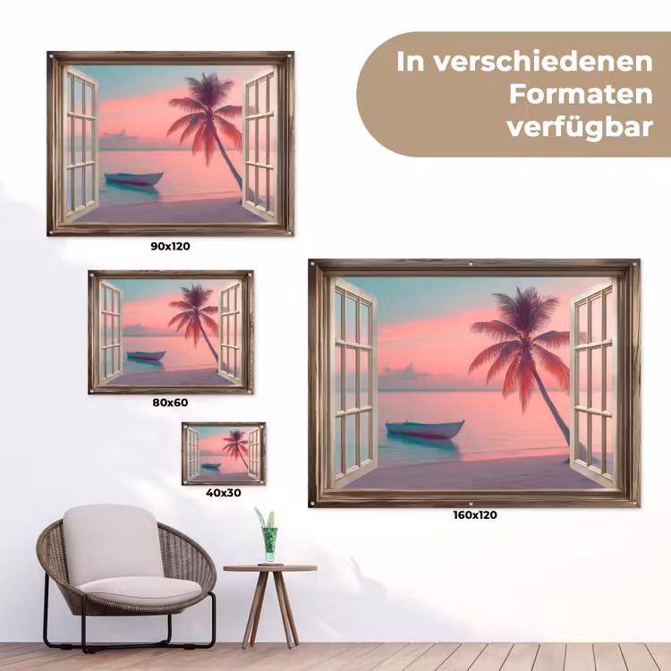 Doorkijk - Strand - Palmboom - Tropisch tuinposter los doek klein -Xsfeer9_DE