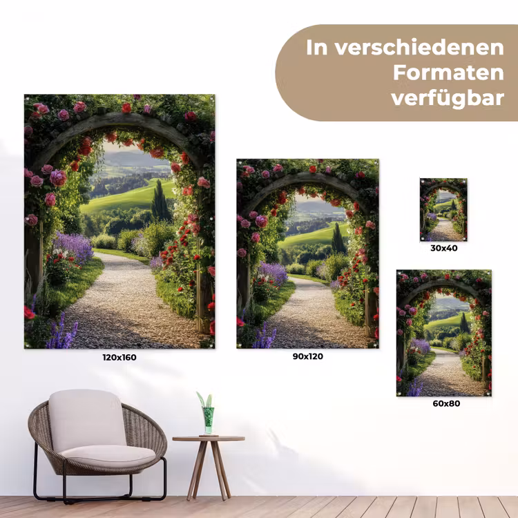 Doorkijk - Tuinboog - Bloemen - Natuur - Pad tuinposter los doek klein -Xsfeer9_DE