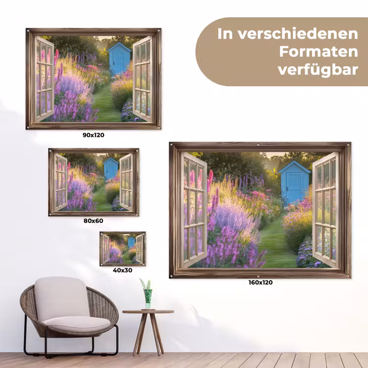 Doorkijk - Bloemen - Raam - Natuur tuinposter los doek klein -Xsfeer9_DE