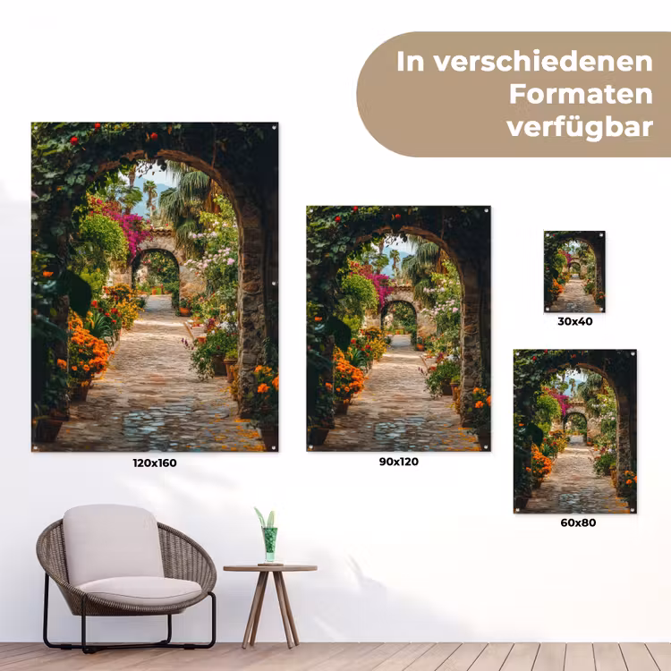 Doorkijk - Bloemen - Poort - Stenen tuinposter los doek klein -Xsfeer9_DE