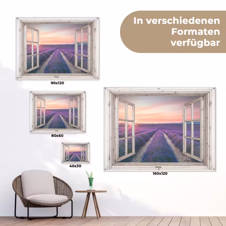 Doorkijk - Lavendel - Bloemen - Hout - Zonsondergang - Paars tuinposter los doek klein -Xsfeer9_DE