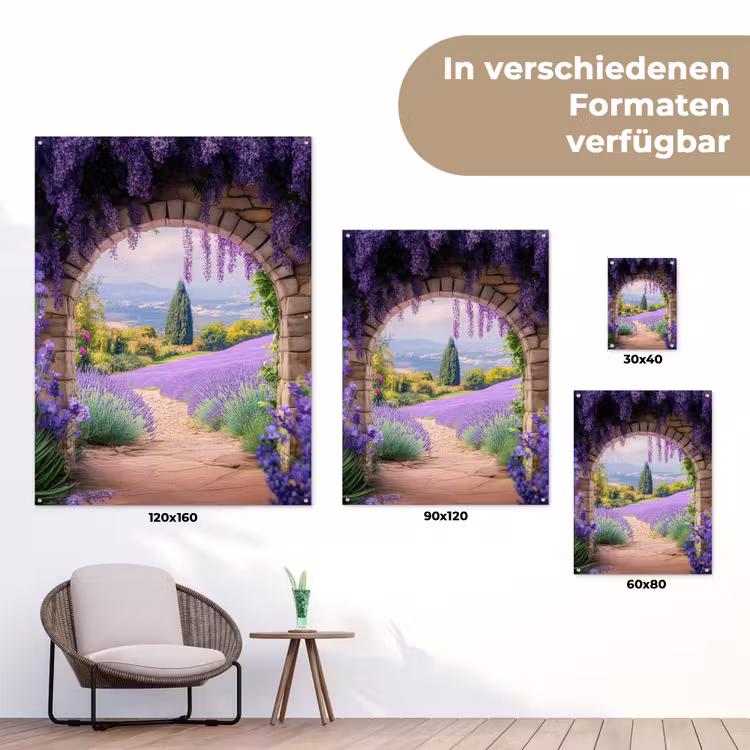 Doorkijk - Lavendel - Bloemen - Paars - Poort tuinposter los doek klein -Xsfeer9_DE