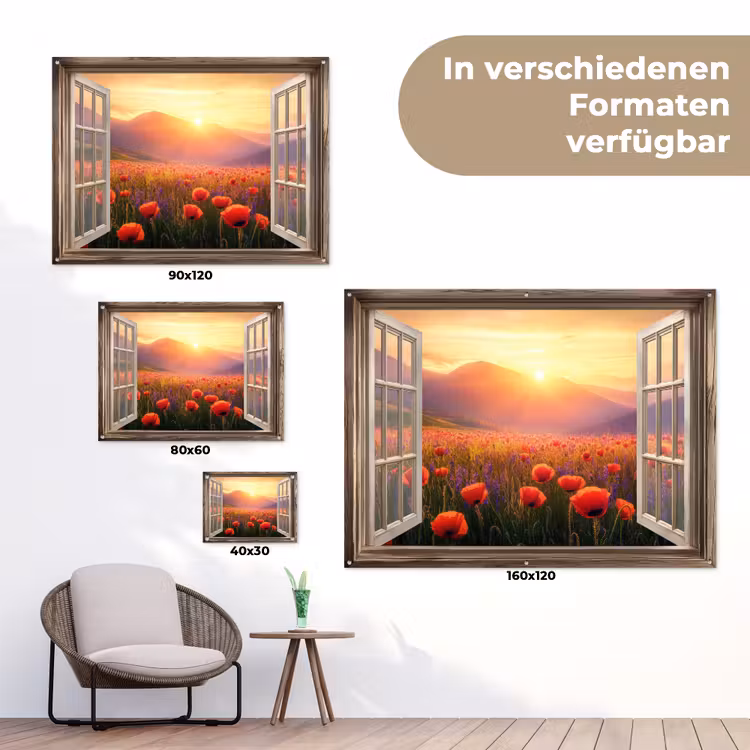 Doorkijk - Klaprozen - Bloemen - Rood - Open raam tuinposter los doek klein -Xsfeer9_DE