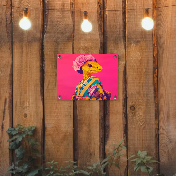 Hagedis - Bloemen - Roze - Kimono tuinposter los doek klein -sfeer1