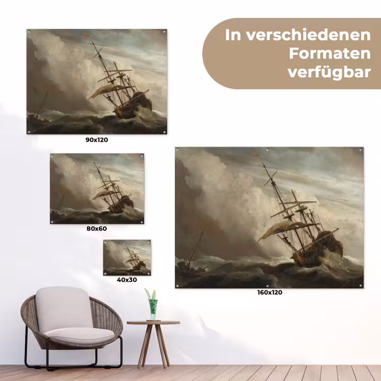 Een schip in volle zee bij vliegende storm - Schilderij van Willem van de Velde tuinposter los doek klein -Xsfeer9_DE